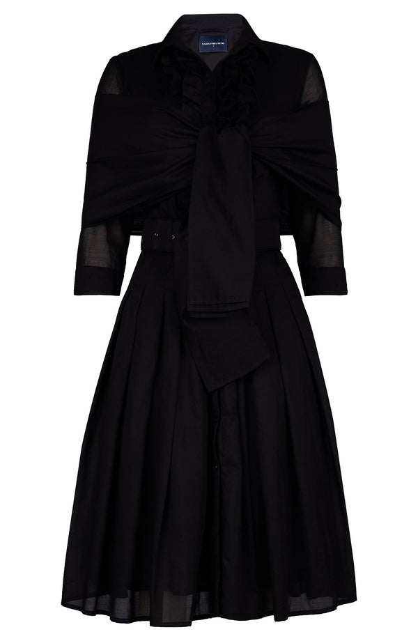Audrey Dress #4 Shirt Collar Ruffle Bias 3/4 Sleeve Long Length Silk Musola (Solid)