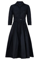 Audrey Dress #7 Shirt Collar 3/4 Sleeve Midi Length Silk Taffta (Solid)