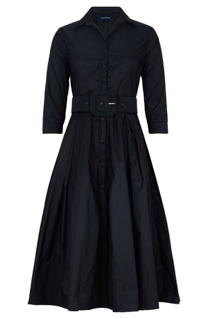 Audrey Dress #7 Shirt Collar 3/4 Sleeve Midi Length Silk Taffta (Solid)