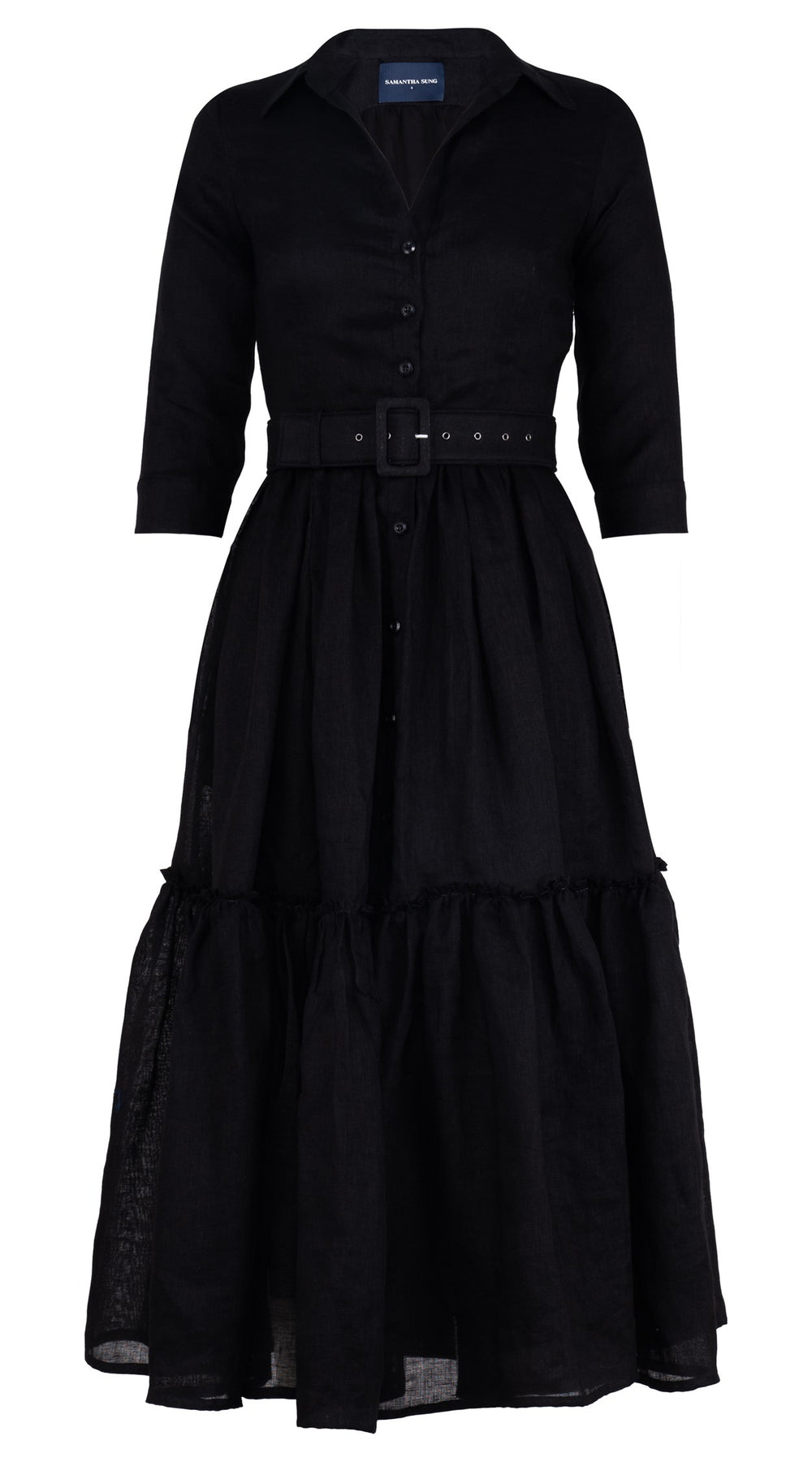 Melanie Dress #1 Shirt Collar 3/4 Sleeve Midi Plus Length Linen (Solid)