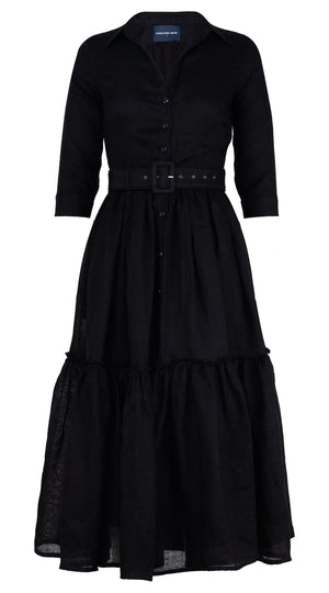 Melanie Dress #1 Shirt Collar 3/4 Sleeve Midi Plus Length Linen (Solid)