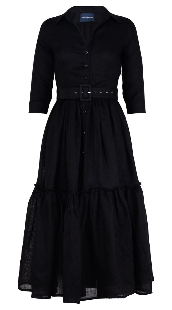 Melanie Dress #1 Shirt Collar 3/4 Sleeve Midi Plus Length Linen (Solid)