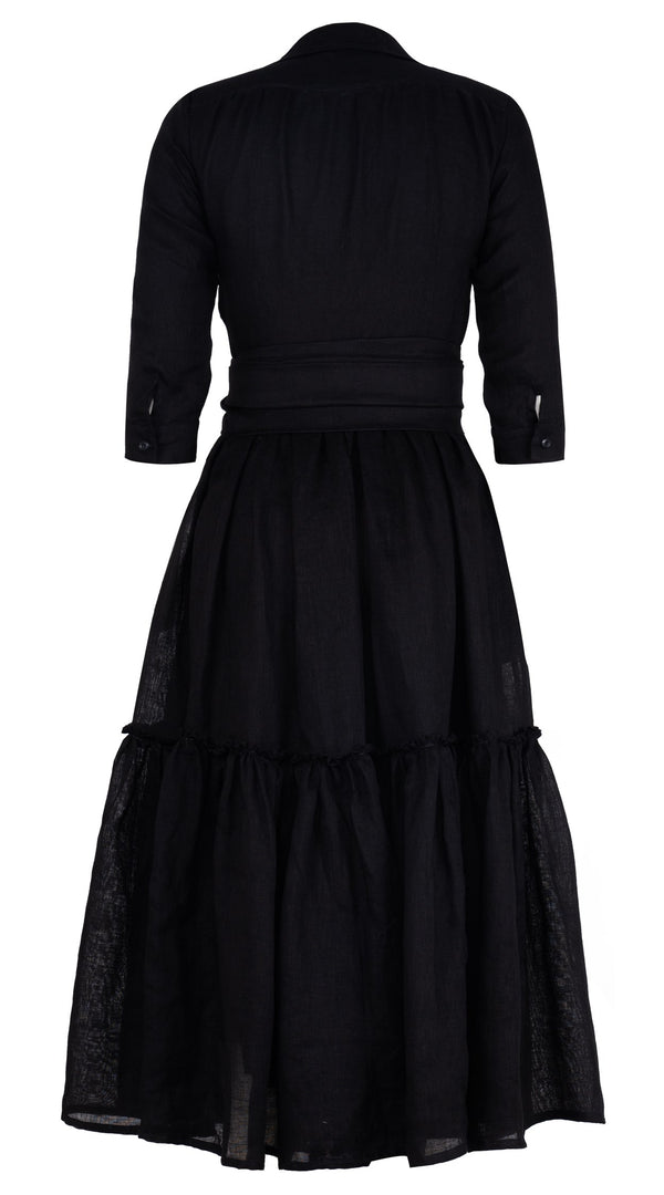 Melanie Dress #1 Shirt Collar 3/4 Sleeve Midi Plus Length Linen (Solid)