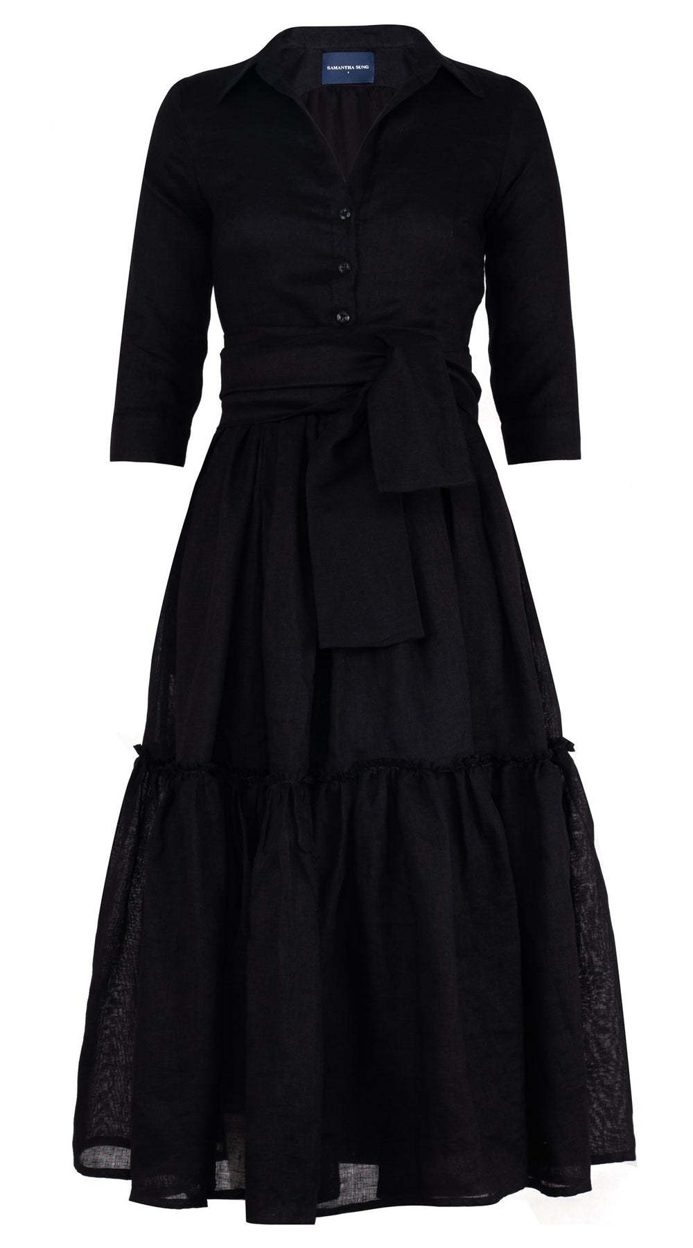 Melanie Dress #1 Shirt Collar 3/4 Sleeve Midi Plus Length Linen (Solid)