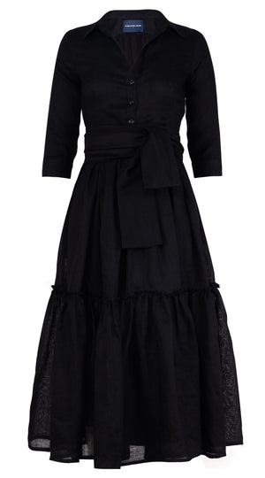 Melanie Dress #1 Shirt Collar 3/4 Sleeve Midi Plus Length Linen (Solid)