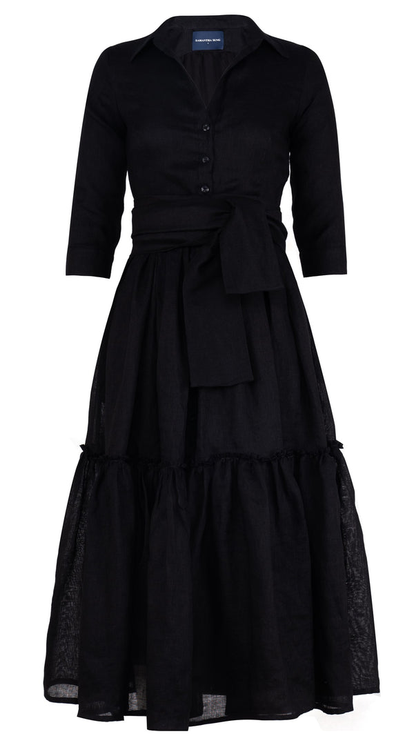 Melanie Dress #1 Shirt Collar 3/4 Sleeve Midi Plus Length Linen (Solid)