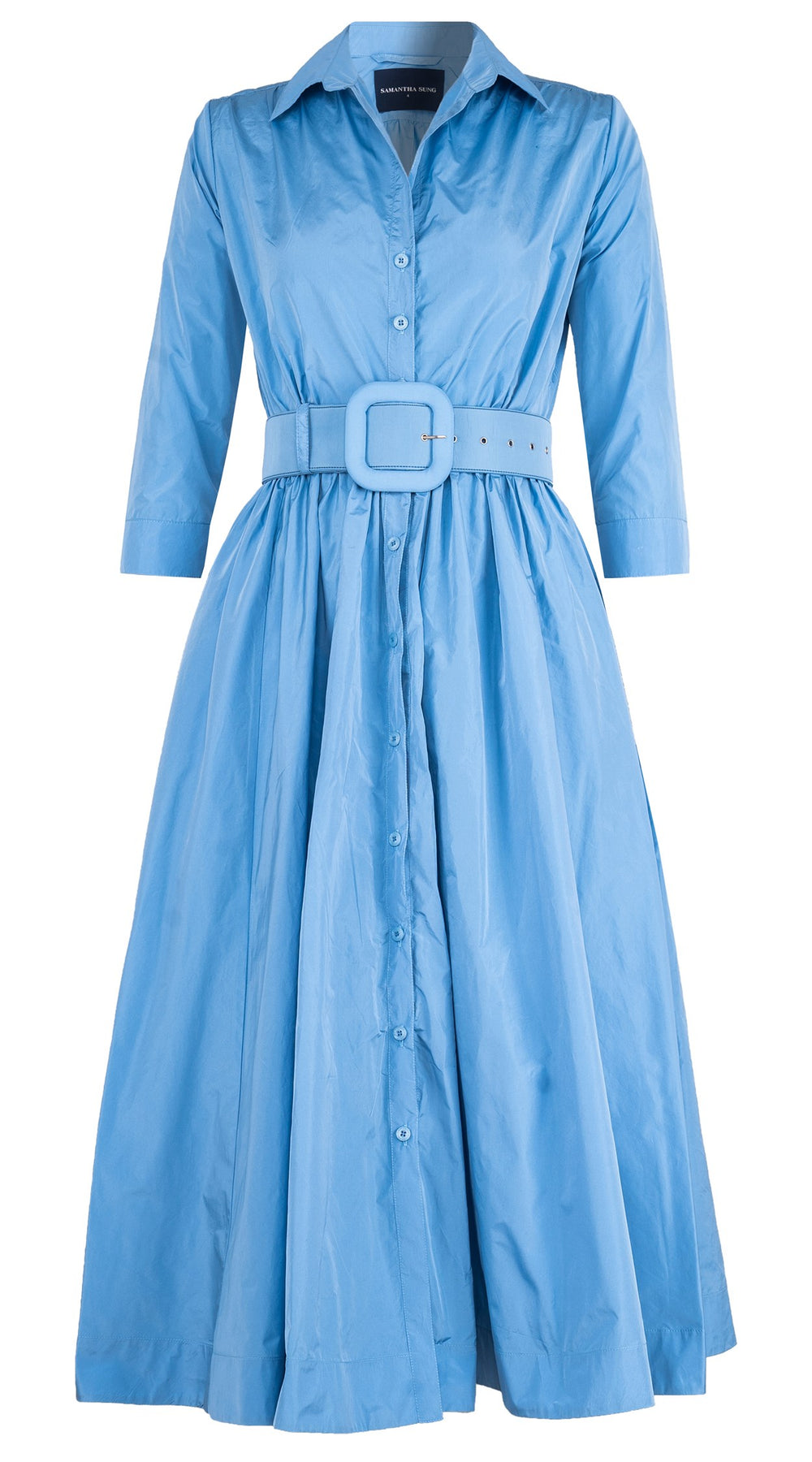 Terry Dress Shirt Collar 3/4 Sleeve Midi Plus Length Silk Taffta (Solid)