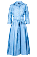 Terry Dress Shirt Collar 3/4 Sleeve Midi Length Silk Taffta (Solid)