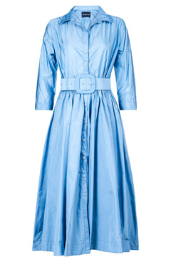 Terry Dress Shirt Collar 3/4 Sleeve Midi Length Silk Taffta (Solid)