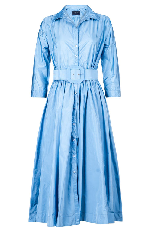 Terry Dress Shirt Collar 3/4 Sleeve Midi Length Silk Taffta (Solid)