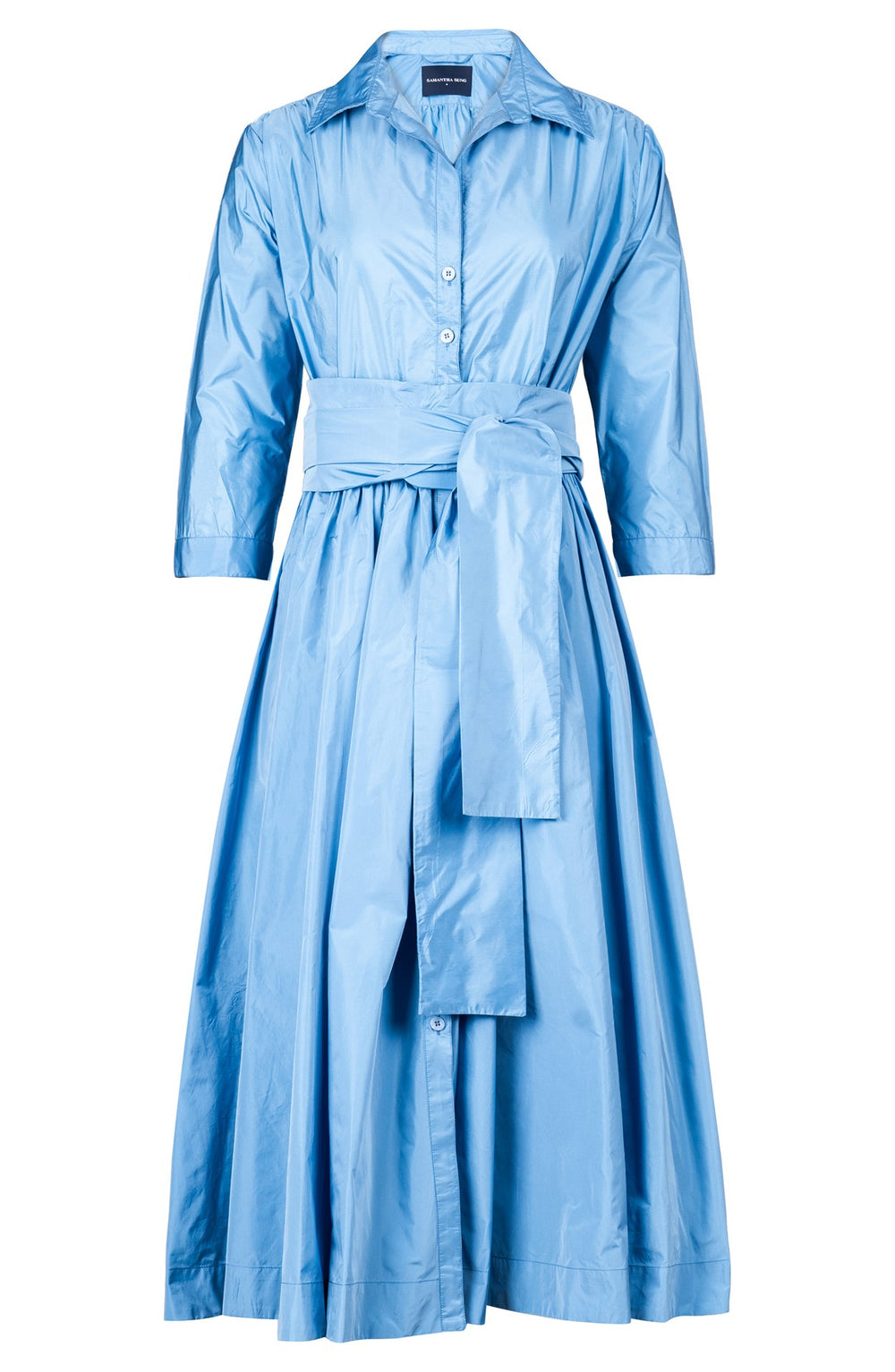 Terry Dress Shirt Collar 3/4 Sleeve Midi Length Silk Taffta (Solid)