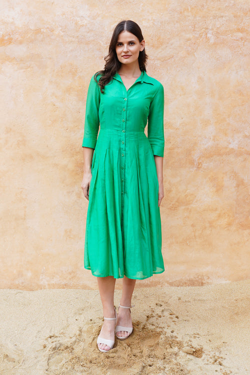 Audrey Dress #4 Shirt Collar 3/4 Sleeve Midi Length Silk Musola (Solid)