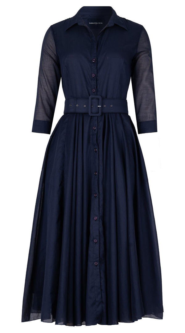 Aster Dress Shirt Collar 3/4 Sleeve Midi Length Silk Musola (Solid)