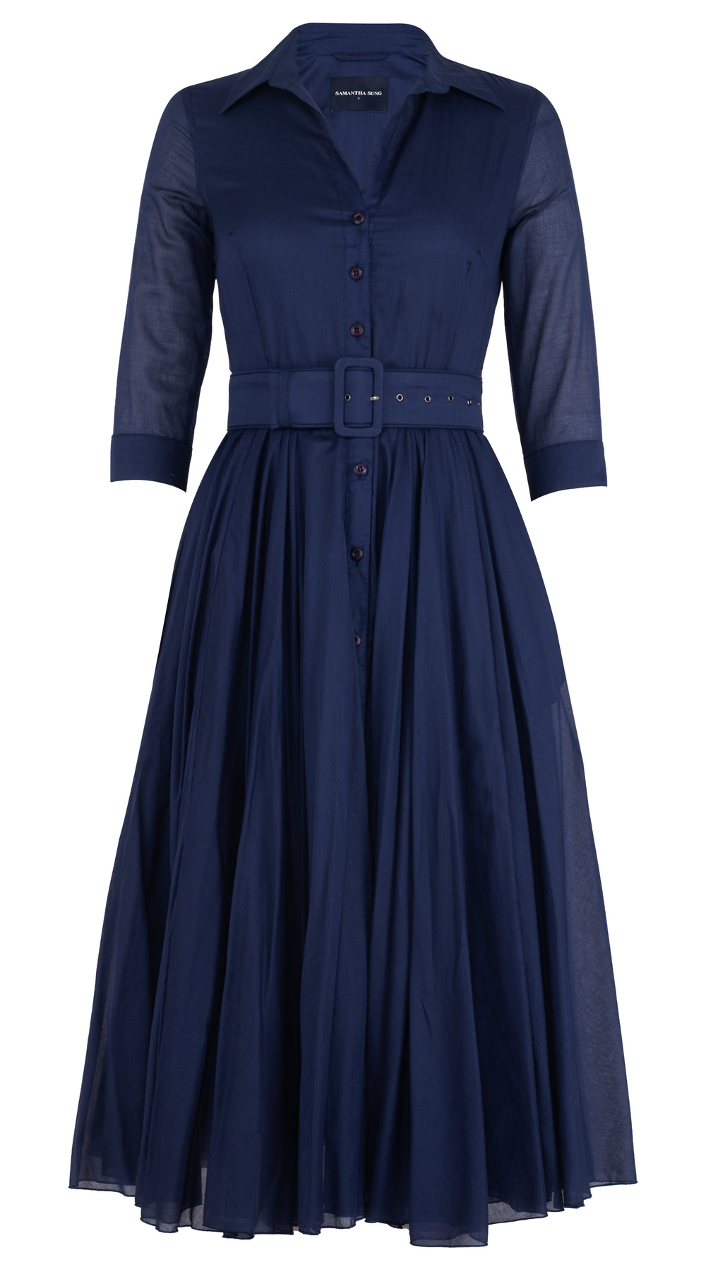 Aster Dress Shirt Collar 3/4 Sleeve Midi Length Silk Cotton (Solid)