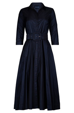 Aster Dress Shirt Collar 3/4 Sleeve Midi Length Silk Taffta (Solid)