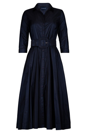 Aster Dress Shirt Collar 3/4 Sleeve Midi Length Silk Taffta (Solid)