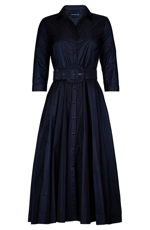 Aster Dress Shirt Collar 3/4 Sleeve Midi Length Silk Taffta (Solid)