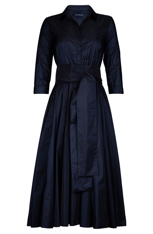 Aster Dress Shirt Collar 3/4 Sleeve Midi Length Silk Taffta (Solid)