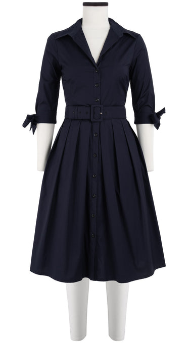 Audrey Dress #1 Shirt Collar 3/4 Tie Sleeve Cotton Stretch (Solid)
