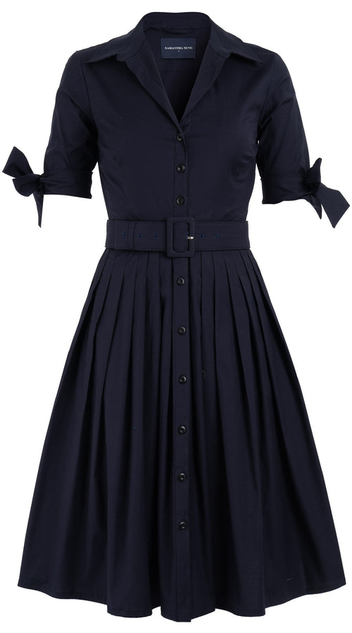 Audrey Dress #2 Shirt Collar 1/2 Tie Sleeve Cotton Stretch (Solid)
