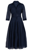 Audrey Dress #4 Shirt Collar 3/4 Sleeve Midi Length Silk Musola (Solid)