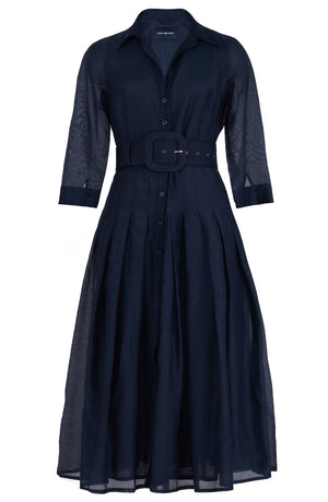Audrey Dress #4 Shirt Collar 3/4 Sleeve Midi Length Silk Musola (Solid)