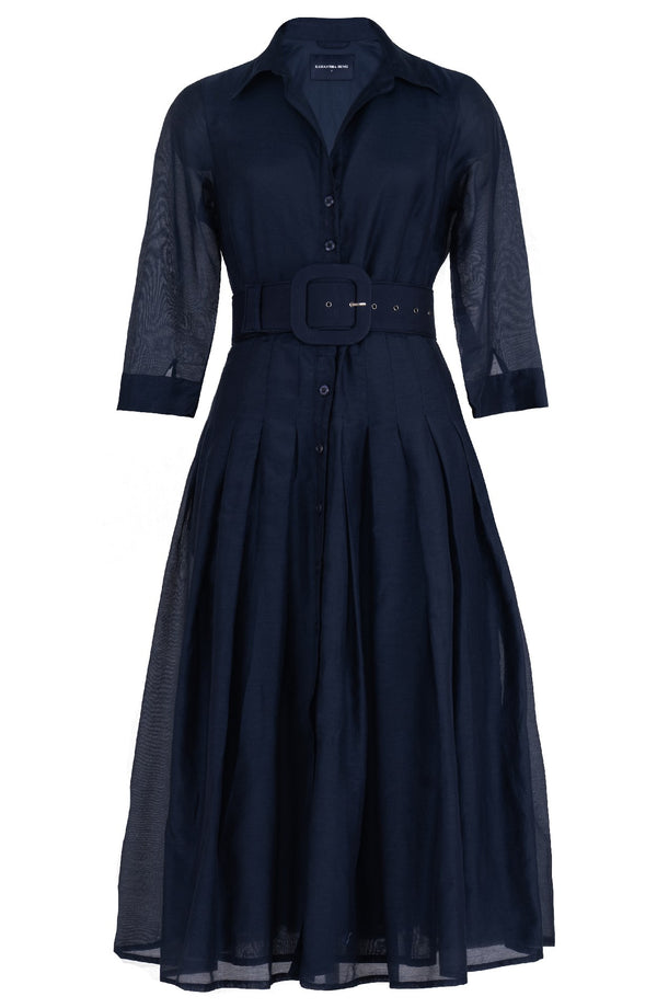 Audrey Dress #4 Shirt Collar 3/4 Sleeve Midi Length Silk Musola (Solid)