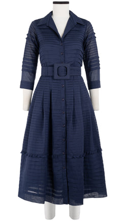 Audrey Dress #5 Shirt Collar 3/4 Sleeve with Hamilton Belt Midi Length Cotton Musola (Solid)