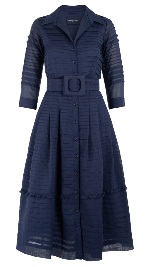Audrey Dress #5 Shirt Collar 3/4 Sleeve with Hamilton Belt Midi Length Cotton Musola (Solid)