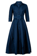Audrey Dress #7 Shirt Collar 3/4 Sleeve Midi Plus Length Silk Taffta (Solid)