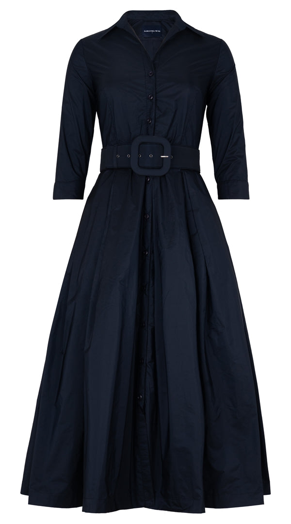 Audrey Dress #7 Shirt Collar 3/4 Sleeve Midi Plus Length Silk Taffta (Solid)