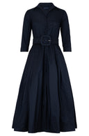 Audrey Dress #7 Shirt Collar 3/4 Sleeve Midi Length Silk Taffta (Solid)