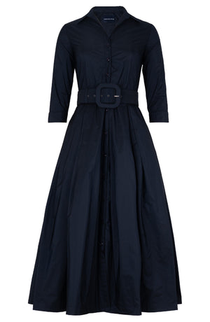 Audrey Dress #7 Shirt Collar 3/4 Sleeve Midi Length Silk Taffta (Solid)