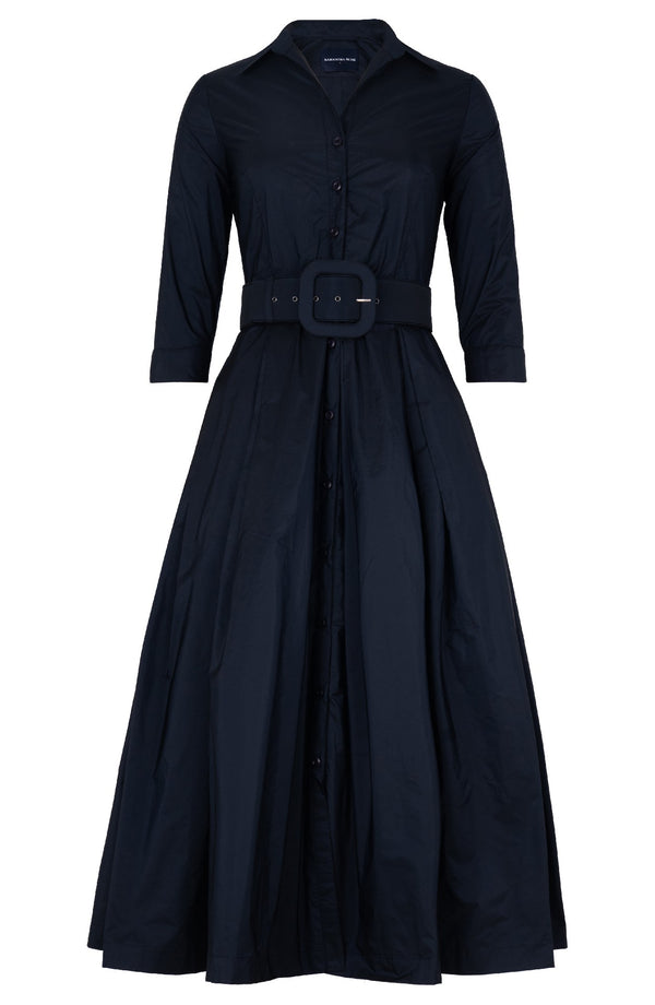 Audrey Dress #7 Shirt Collar 3/4 Sleeve Midi Length Silk Taffta (Solid)