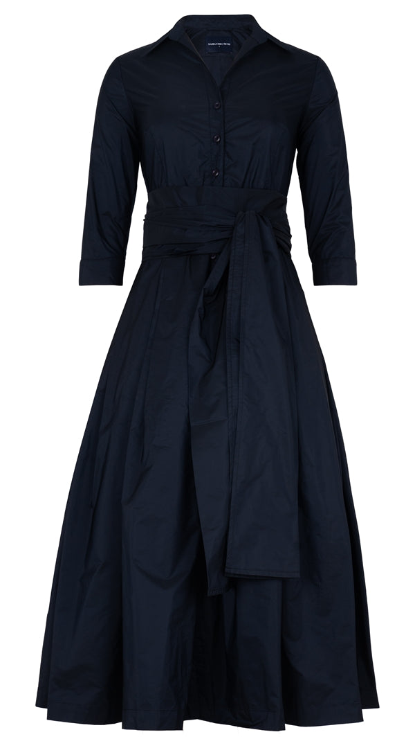 Audrey Dress #7 Shirt Collar 3/4 Sleeve Midi Plus Length Silk Taffta (Solid)