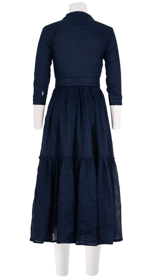 Melanie Dress #1 Shirt Collar 3/4 Sleeve Midi Plus Length Linen (Solid)