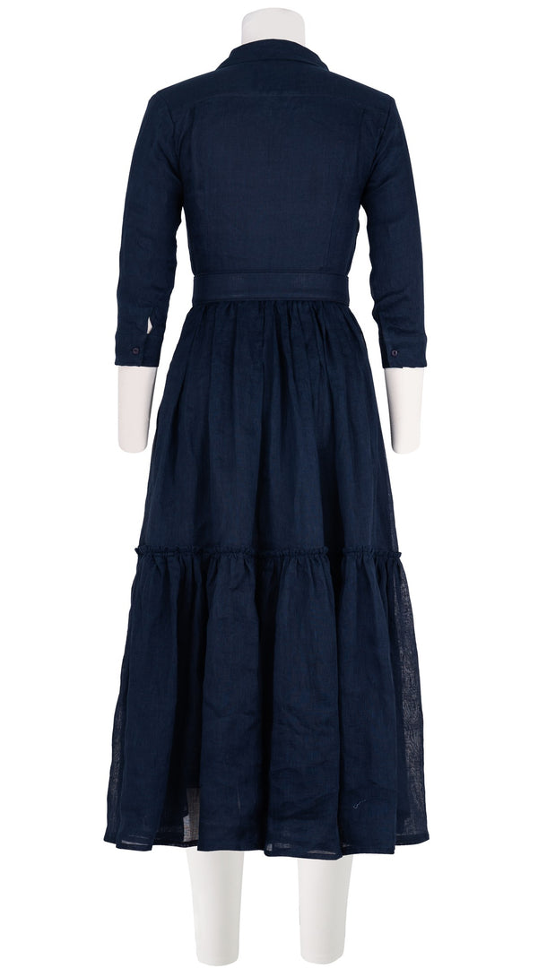 Melanie Dress #1 Shirt Collar 3/4 Sleeve Midi Plus Length Linen (Solid)