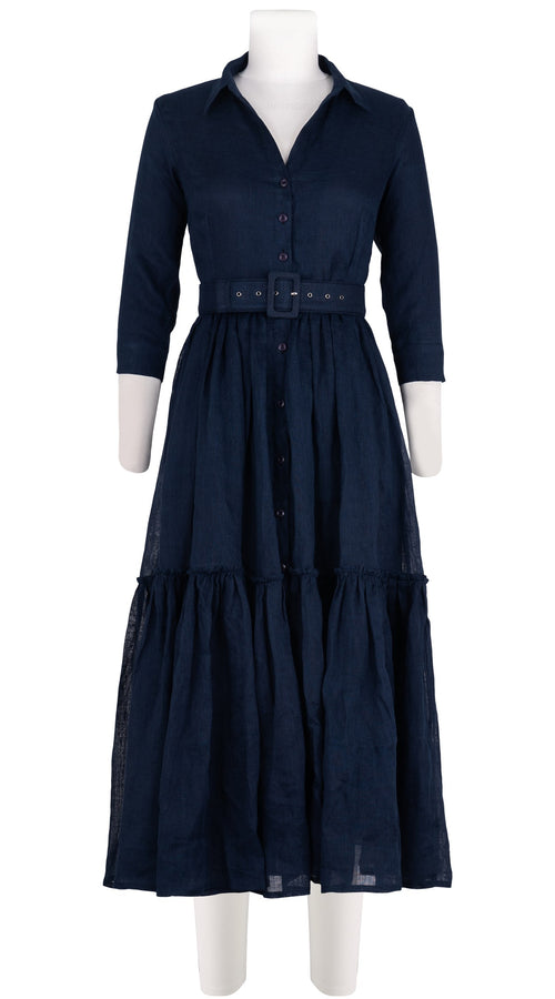 Melanie Dress #1 Shirt Collar 3/4 Sleeve Midi Plus Length Linen (Solid)