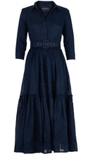 Melanie Dress #1 Shirt Collar 3/4 Sleeve Midi Plus Length Linen (Solid)