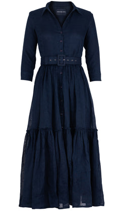 Melanie Dress #1 Shirt Collar 3/4 Sleeve Midi Plus Length Linen (Solid)