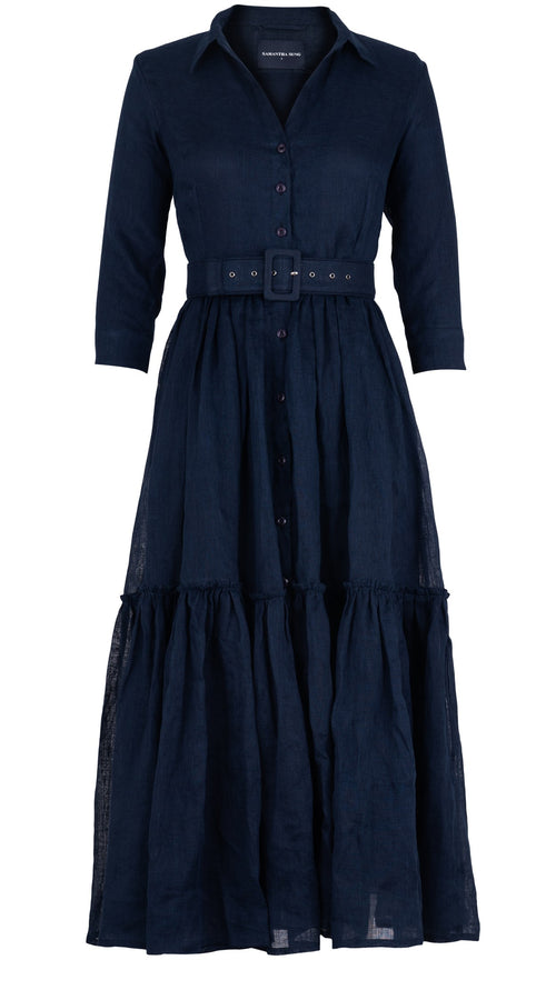 Melanie Dress #1 Shirt Collar 3/4 Sleeve Midi Plus Length Linen (Solid)