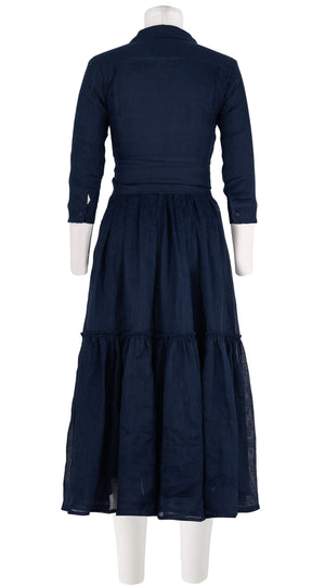 Melanie Dress #1 Shirt Collar 3/4 Sleeve Midi Plus Length Linen (Solid)