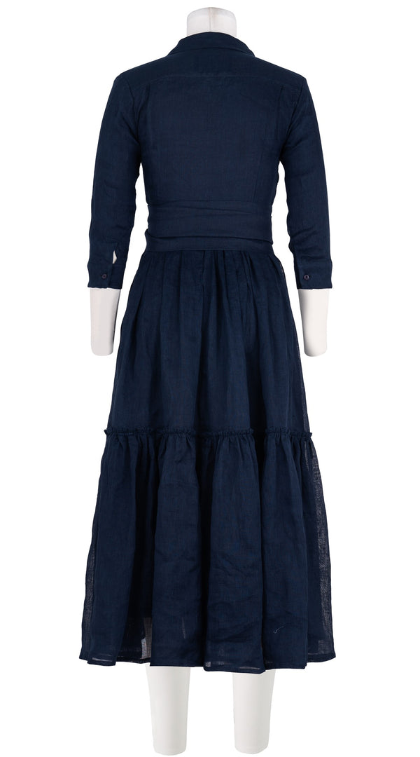 Melanie Dress #1 Shirt Collar 3/4 Sleeve Midi Plus Length Linen (Solid)