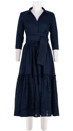 Melanie Dress #1 Shirt Collar 3/4 Sleeve Midi Plus Length Linen (Solid)