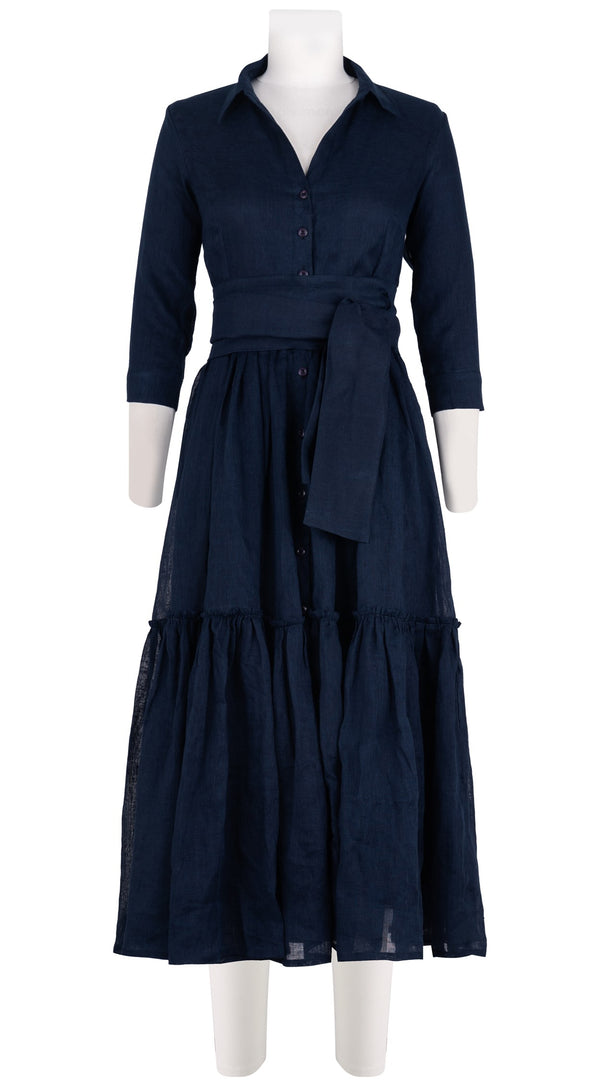 Melanie Dress #1 Shirt Collar 3/4 Sleeve Midi Plus Length Linen (Solid)