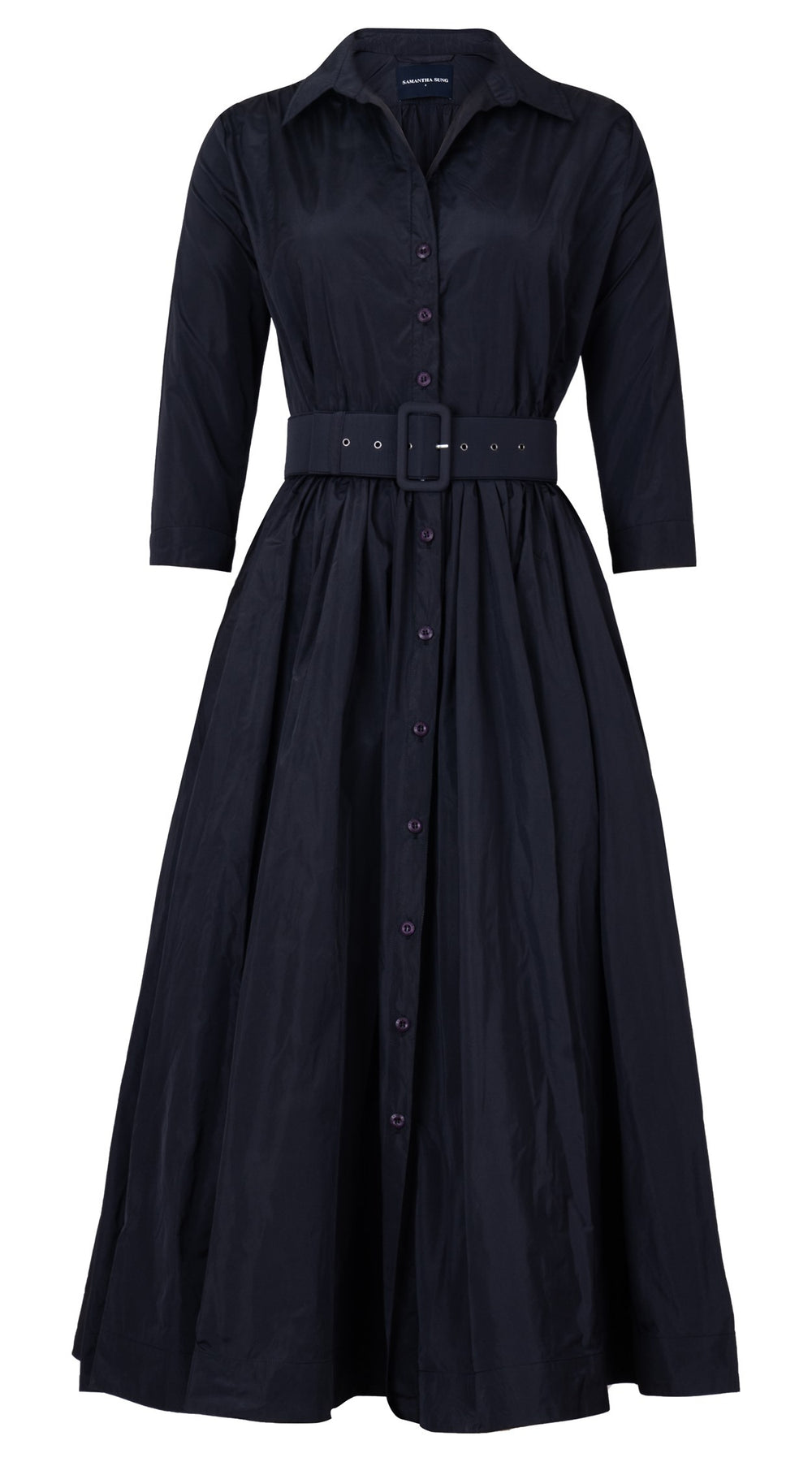 Terry Dress Shirt Collar 3/4 Sleeve Midi Plus Length Silk Taffta (Solid) (Solid)