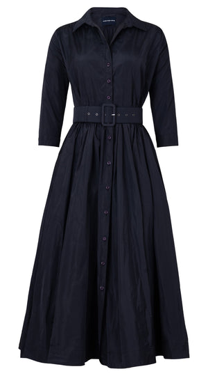 Terry Dress Shirt Collar 3/4 Sleeve Midi Plus Length Silk Taffta (Solid) (Solid)