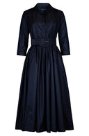 Terry Dress Shirt Collar 3/4 Sleeve Midi Length Silk Taffta (Solid)