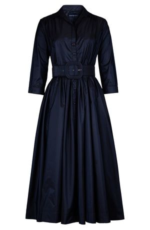 Terry Dress Shirt Collar 3/4 Sleeve Midi Length Silk Taffta (Solid)