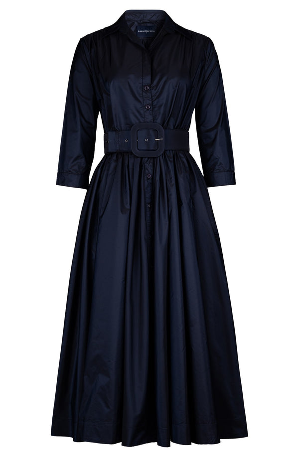 Terry Dress Shirt Collar 3/4 Sleeve Midi Length Silk Taffta (Solid)